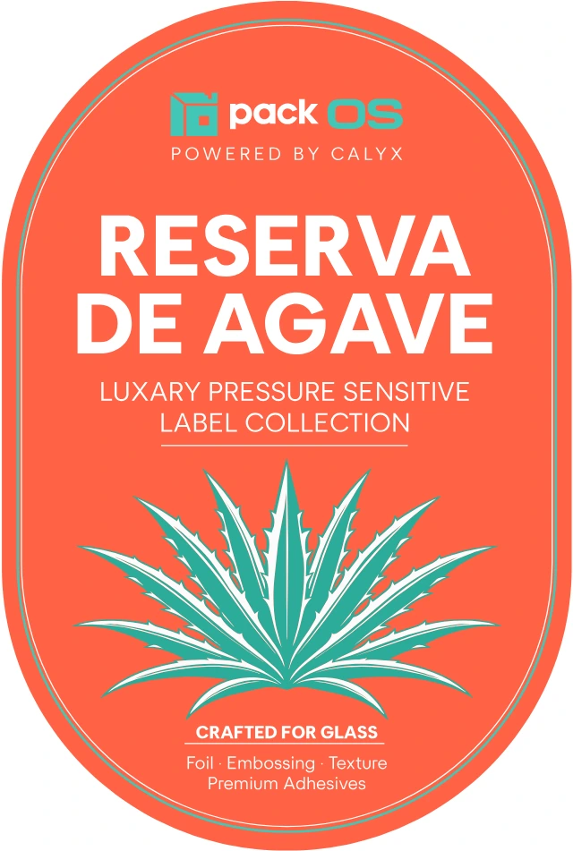 The RESERVA DE AGAVE label: an orange oval with a teal agave plant