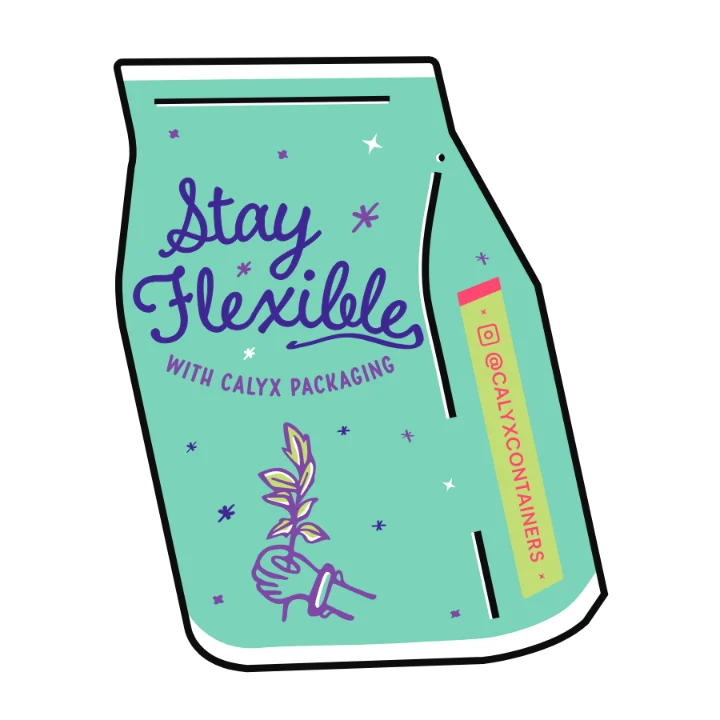 The STAY FLEXIBLE label: a pouch-shaped label with violet lettering on a mint field