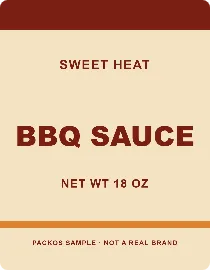 BBQ SAUCE sample: a 3.5 × 4.5 in rounded label for a BBQ sauce bottle